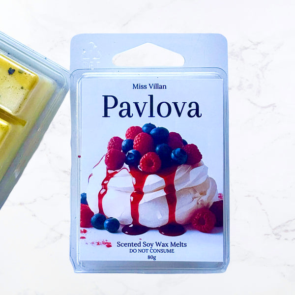 Scented soy wax melts packaging with pavlova illustration on a white background