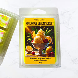 Scented soy wax melts packaging with pineapple lemon sorbet flavor on a white background