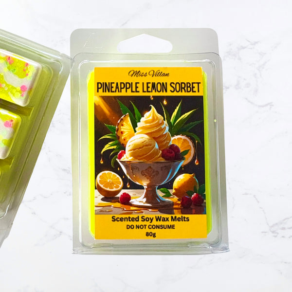 Scented soy wax melts packaging with pineapple lemon sorbet flavor on a white background