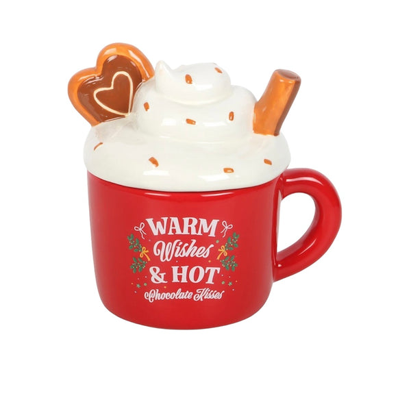 Red mug with whipped cream, gingerbread cookies, and 'Warm Wishes & Hot Chocolate Kisses' text on a white background- oil burner