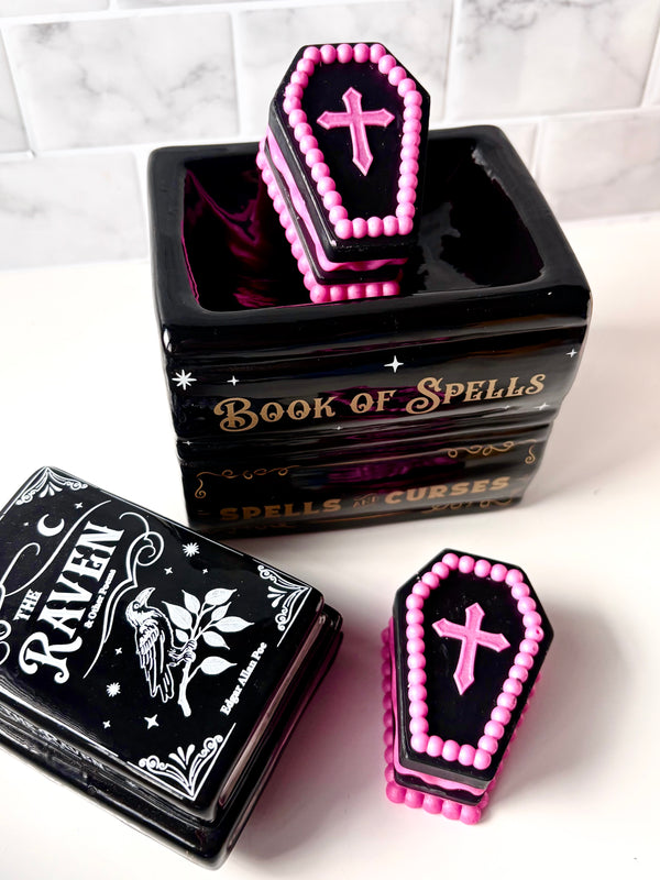 pink and black coffin wax melt for halloween