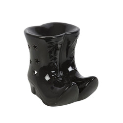 Black ceramic boot-shaped candle holder on a white background- wax melter- oil burner- halloween
