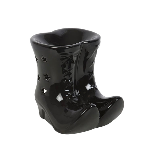 Black ceramic boot-shaped candle holder on a white background- wax melter- oil burner- halloween