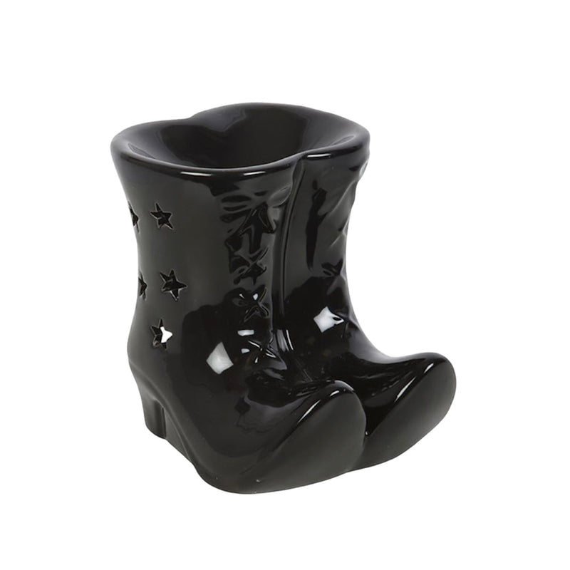 Black ceramic boot-shaped candle holder on a white background- wax melter- oil burner- halloween